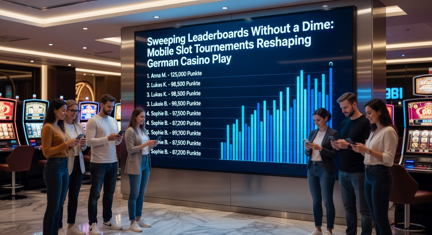 Gruppe junger Menschen mit Smartphones, die ein Slot-Turnier-Leaderboard feiern, mit Konfetti und Casino-Lichtern im Hintergrund