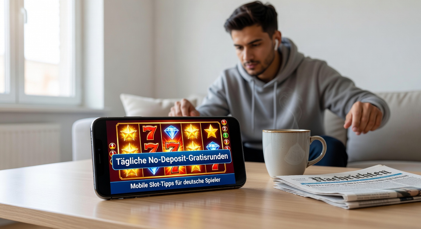 Deutscher Spieler mit Mobile-App, die tägliche Gratisrunden anzeigt, inklusive Slot-Symbolen und Uhrzeit für April 2026-Promos